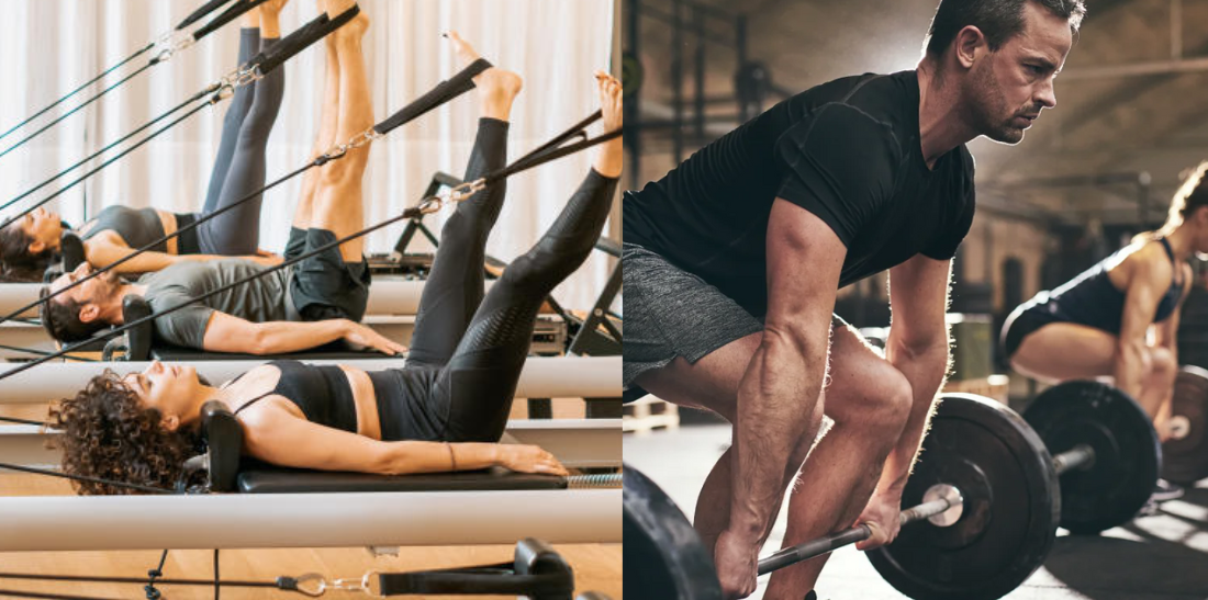 side-to-side image. on the left side is people using pilates reformer in black attire while on the right side is a man and a woman working out at the gym using gym equipment.